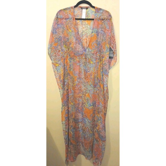 Lauren Ralph Lauren Cover-up Sz XS Midi Caftan Sheer Paisley Floral Multi $135 - Picture 9 of 16